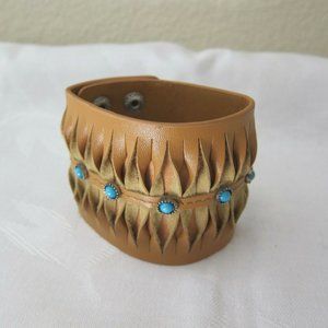 HAND MADE LEATHER CUFF with CUT WORK & FAUX TURQUOISE, ADJUSTABLE